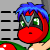 A 4-frame animated contact sheet showing a cartoon character with blue spiky hair, red face, green eyes, and black mask-like markings on the cheeks against a gray grid background.