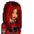 Pixel art contact sheet showing six frames of an animated buddy icon featuring a red-haired female character in various poses with visible belly, gray pants, and a large red heart symbol.