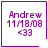 Purple text on white background with four showing 'Andrew 11/18/08 <33' and one with a heart symbol, another with a star symbol