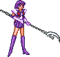 Pixel art character with purple hair and outfit holding a long staff, shown in four sequential poses against gray background.