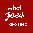 Red background with white pixelated text forming the phrase "What goes around comes around" in multiple styles.