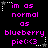 Pixelated text in bright pink on black background with white star and dotted-line borders, displaying 'im as normal as blueberry pie:<3' across multiple