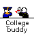Pixel art animation of two figures in graduation caps and gowns shaking hands, with text below reading "College buddy".