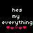 Pixelated text 'hes my everything' with pink and purple heart symbols on black background, two identical frames side-by-side.