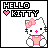 Pixel art Hello Kitty icon with text "HELLO KITTY" and pink heart, featuring a white cat character in overalls with a pink bow on a black border background.
