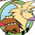 Pixelated circular icon shows two anime-style characters: a brown-haired figure with white eyes and a yellow-haired character with closed eyes, both within green-bordered frame.