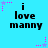 A static image with a bright cyan background displays repeated text "i love manny" in black pixelated font, surrounded by pink and purple star-shaped animations.