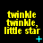 Yellow pixelated text "twinkle twinkle, little star" on black background with cyan sparkles varying across three of icons