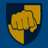 Blue background with yellow shield containing fist and hand, yellow text 'CANIS CANEM EDIT', and yellow square with black 'R' and white star.