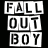 Animated contact sheet of a Fall Out Boy-themed buddy icon showing sequential text animation across 13 frames with alternating red and white lettering on blue background.
