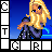 Pixel art contact sheet showing two frames of an animated AIM buddy icon featuring a blonde woman in purple pants against a blue gradient background with visible grid and lettering elements.
