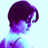 Pixelated profile view of a person with dark purple hair and light blue skin tones against a white background, rendered in low-resolution 256x256 pixels.