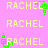 Yellow text 'RACHEL' on pink background with green pixelated square animations at varying positions.