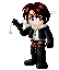 Pixel art character with brown hair, blue eyes, and a red mark on forehead holding a white object in right hand against gray background.