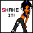 Pixel art character in dynamic dance pose with text 'SHAKE IT!' where 'SHAKE' alternates red and black lettering.