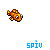 Pixelated orange fish with yellow spots swims left to right across white background, blue text "SPIU" below each frame with small water droplets appearing and disappearing above the text.