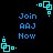 Blue pixelated text and geometric shapes on a black background, with repeated 'Join AAJ Now' text and cyan square patterns.