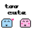 Pixelated icons with 'too cute' text above, alternating blue and pink rounded faces with small hearts.