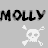 A 48x48 pixel animated buddy icon featuring the text "MOLLY" in black and red with a white skull-and-crossbones symbol below, displayed as two frames on a gray background.
