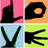Four pixelated black shapes on colored backgrounds: top-left is a vertical shape with horizontal extension, top-right is an oval loop, bottom-left is a Y-shaped form, and bottom-right is a hand-like gesture.