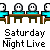 Pixel art of cartoon figures at desks with speech bubbles showing text like 'HON.HOW', 'WAS', '*POP*', and 'DAMN THAT MTU' over repeated 'Saturday Night Live' text.