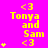 A bright pink background displays repeated yellow text "Tonya and Sam" with "<3" symbols, surrounded by yellow star-like symbols in varying quantities across three vertical