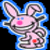 Pixelated pink bunny with blue outline, gray spiral patterns on body and ears, two red circular eyes, one pink eye, black pupils, smiling mouth.