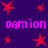 Purple background with red star shapes and repeated pink text reading "damion" in two