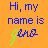 Blue text on orange background reads "Hi, my name is" followed by a stylized name with color variations