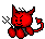 Red pixelated demon with black eyes, horns, and tail holding a pitchfork against gray background.