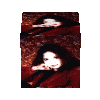A rotating 3D cube with a dark red textured surface displays a white bird-like figure on each face, viewed from multiple angles in sequence.