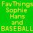 Green background with yellow text reading "FavThings Sophie Hans and BASEBALL" in pixelated font, with red rectangular overlays on specific words.