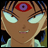 Pixelated anime-style character with brown skin, three eyes (one red-purple central eye, two light blue side eyes), and braided hair with blue highlights, next to text reading "Anime IM" and "COM" on black background.