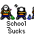 Animated contact sheet of 12 pixel art frames showing a school-themed cartoon character in various poses with text elements, arranged in a 4x3 grid on gray background.
