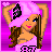 Pixel art contact sheet of a female character in various poses and outfits with pink background, text elements, and heart symbols.