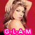 A pixelated image of a woman with long brown hair against a red background, displaying text "G-L-A-M" and "O-R-O-U-S" in pink letters.