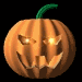 Six pumpkin icons with green stems, orange bodies, and glowing jack-o'-lantern faces showing varied expressions against a black background.