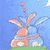 Pixelated cartoon rabbit with long ears stands on green ground under blue sky, emitting small orange particles from its head.