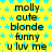 Yellow background with blue star pattern, repeated text blocks in black font reading 'molly cute blonde funny u luv me' arranged in a