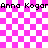 Pixelated pink and white checkered background with repeated text "Anna Kogar" and two faint, overlapping translucent shapes.
