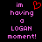 Pixelated text reads 'im having a LOGAN moment!' with a red heart symbol replacing the word 'love' in the left view, against black background.
