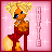 Pixel art contact sheet of two animated frames showing a cartoon character with blonde hair, blue eyes, and red high-waisted pants against a pink background with white stars and vertical text.
