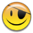 Static yellow smiley face icon with black eye patch covering right eye, single vertical left eye, and curved mouth on white background.