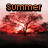 A pixelated tree with red and orange foliage against a dark horizon, under text reading 'Summer' or 'Sunset', with an additional small checkered icon in one view.