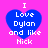 Four identical blue heart-shaped icons with white text on a pink background, each displaying "I Love Dylan and like Nick" in pixelated font.