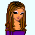 Pixel art of a woman with long brown hair wearing a purple crop top and blue jeans, alongside close-ups of her torso, legs, head, lips, and 'muah!' text.