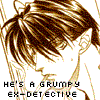 A four- comic-style image with two anime characters and text describing their roles as a detective and legal partner fighting crime