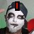 A person with white face paint and dark eye makeup appears in four , displaying changing red symbols over the head or eyes