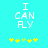 Pixelated cyan background with white text "I CAN FLY" and five yellow stars below, one green star in the middle, two versions show star animation.