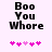 Pixelated text 'Boo You Whore' in black on light pink background with pink heart symbols below, two variations of heart positions.